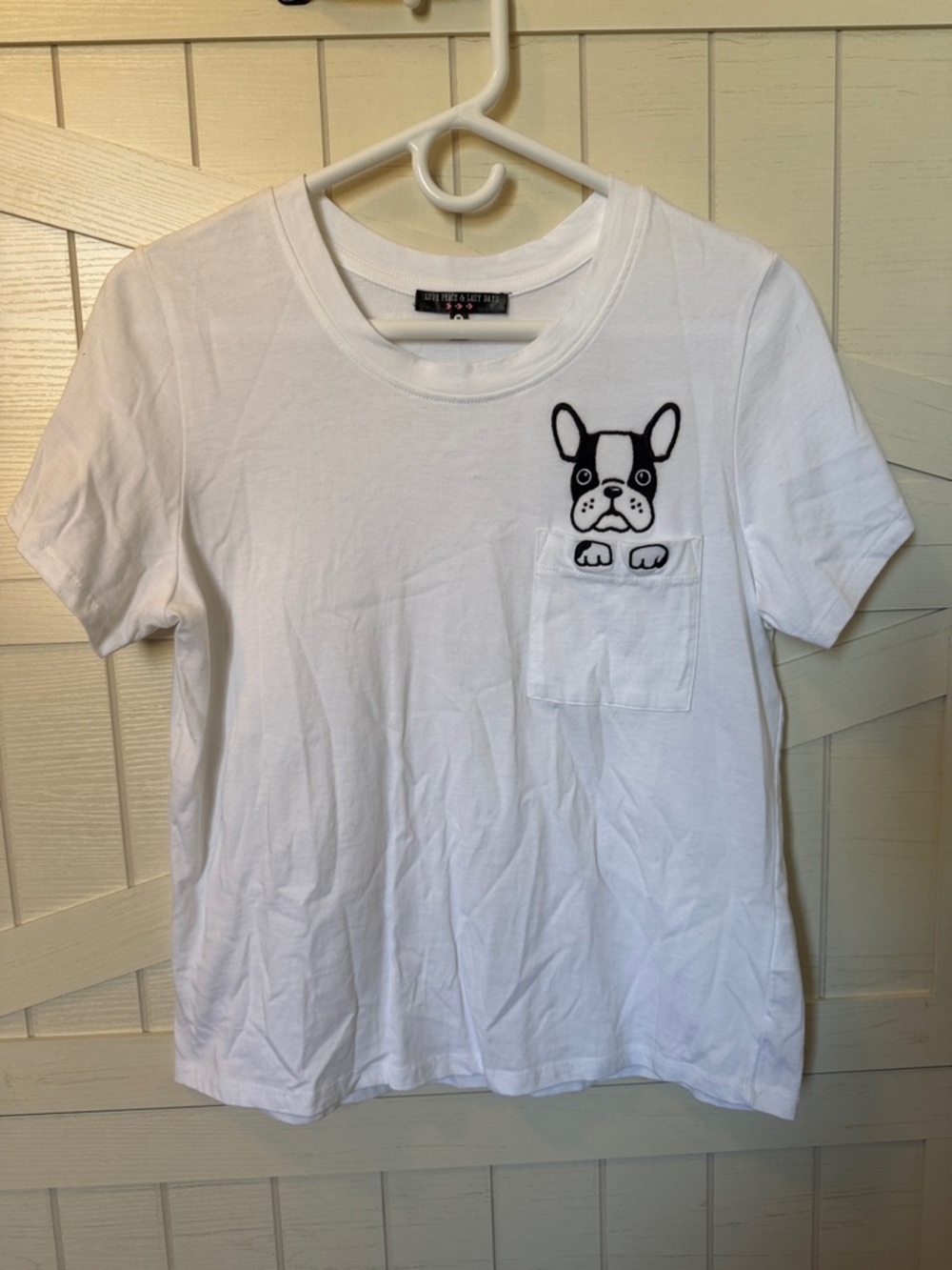 White Short-Sleeve Pocket Tee with Embroidered French Bulldog